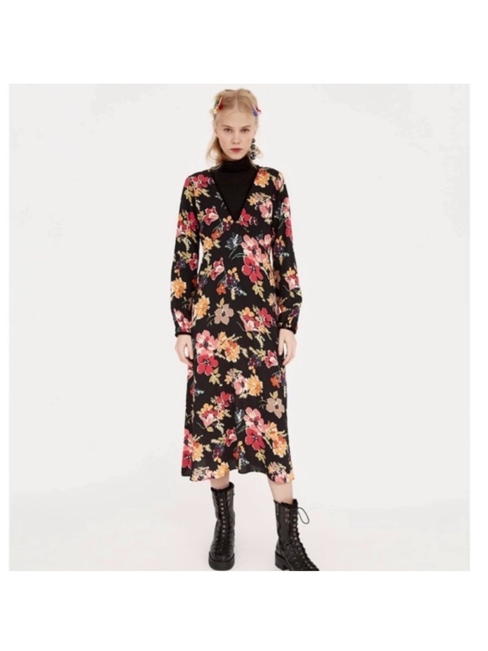 Zara Floral V-Neck Long Sleeve long Midi Dress Black Floral bohemian indie chic